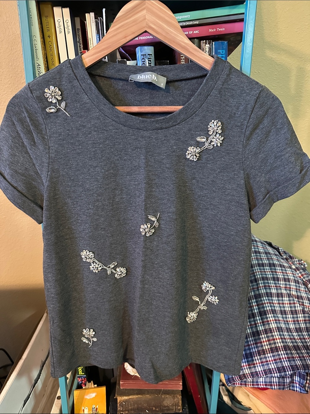 Blue B Charcoal Floral-Appliqué Jewel Short Sleeve Tee
